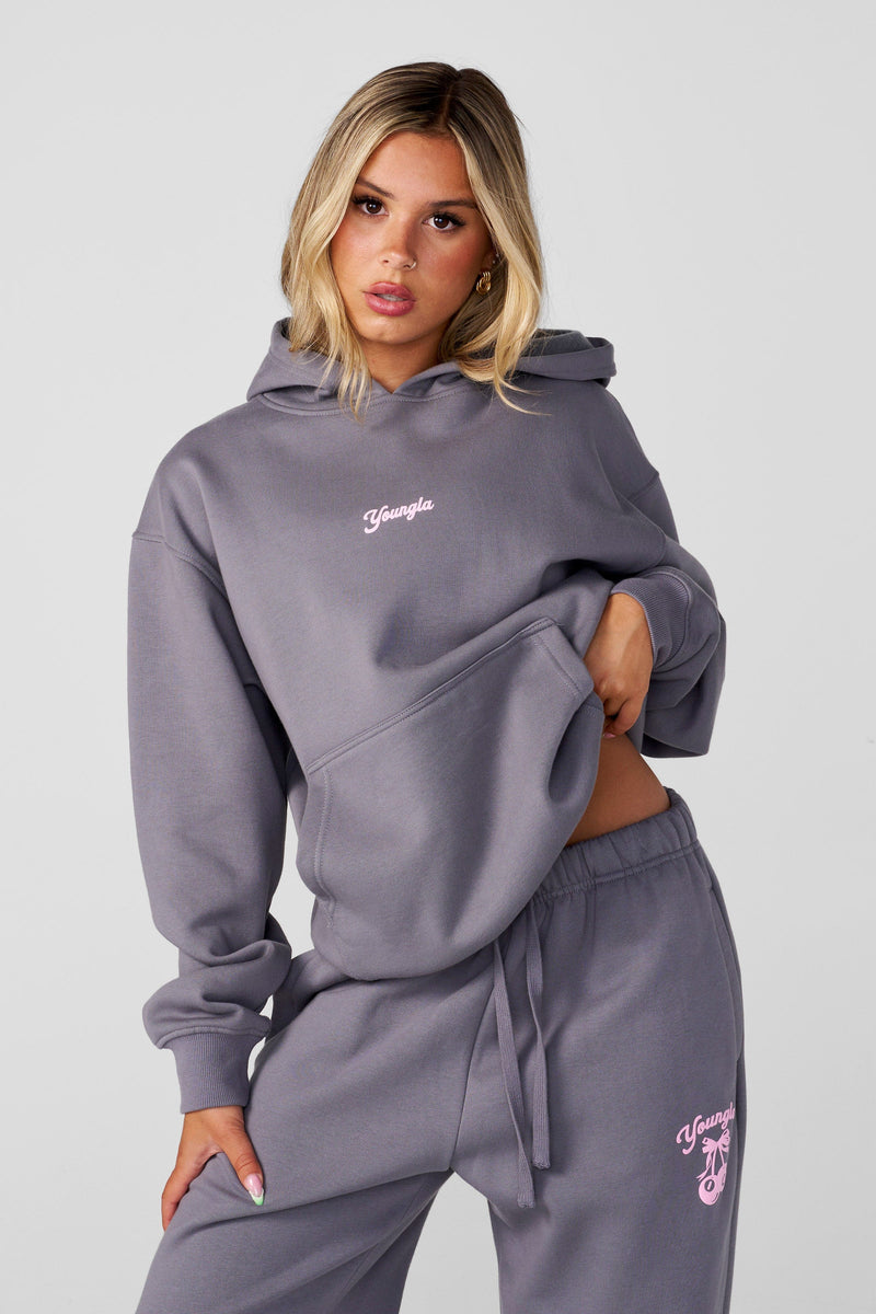 W566 Soft Serve Hoodie- Oversized fluffy fleece hoodie with a fun puff print, offering ultra-soft comfort and cozy style—perfect for pairing with the W271 Puff Print Cuffed Jogger in Grey
