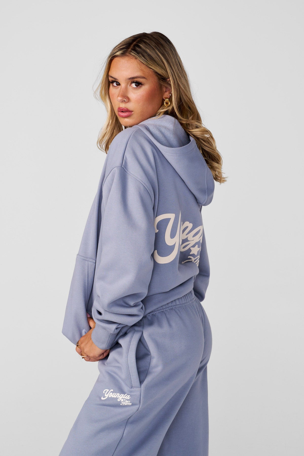 W566 Soft Serve Hoodie- Oversized fluffy fleece hoodie with a fun puff print, offering ultra-soft comfort and cozy style—perfect for pairing with the W271 Puff Print Cuffed Jogger in Dusty Blue