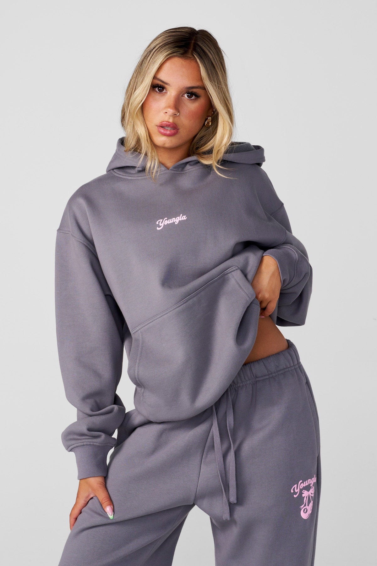 W566 Soft Serve Hoodie- Oversized fluffy fleece hoodie with a fun puff print, offering ultra-soft comfort and cozy style—perfect for pairing with the W271 Puff Print Cuffed Jogger in Grey