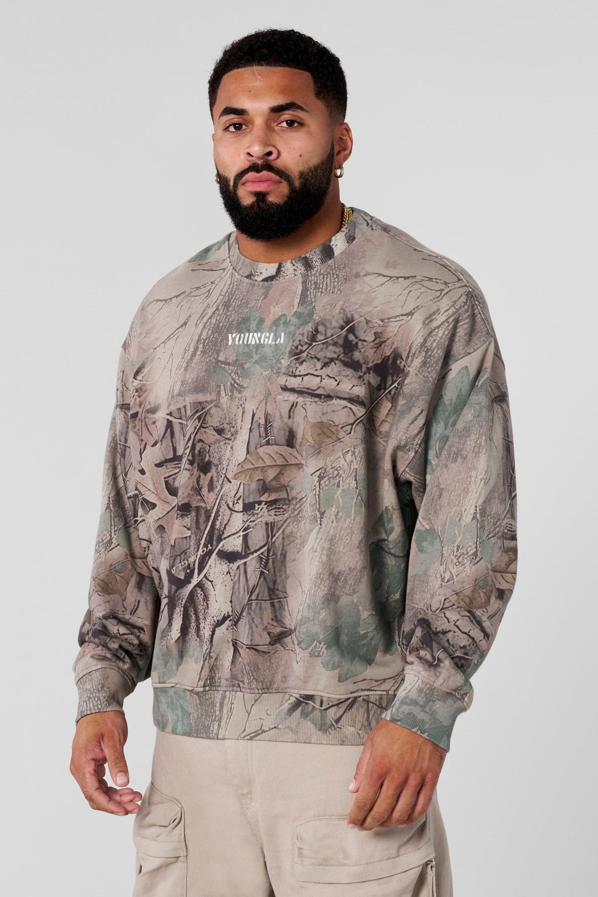 5206 - Tree Camo Collection - Crewnecks - heavyweight terry, ribbed details, durable and comfortable, bold camo print for gym-to-street style in Beige Tree Camo.