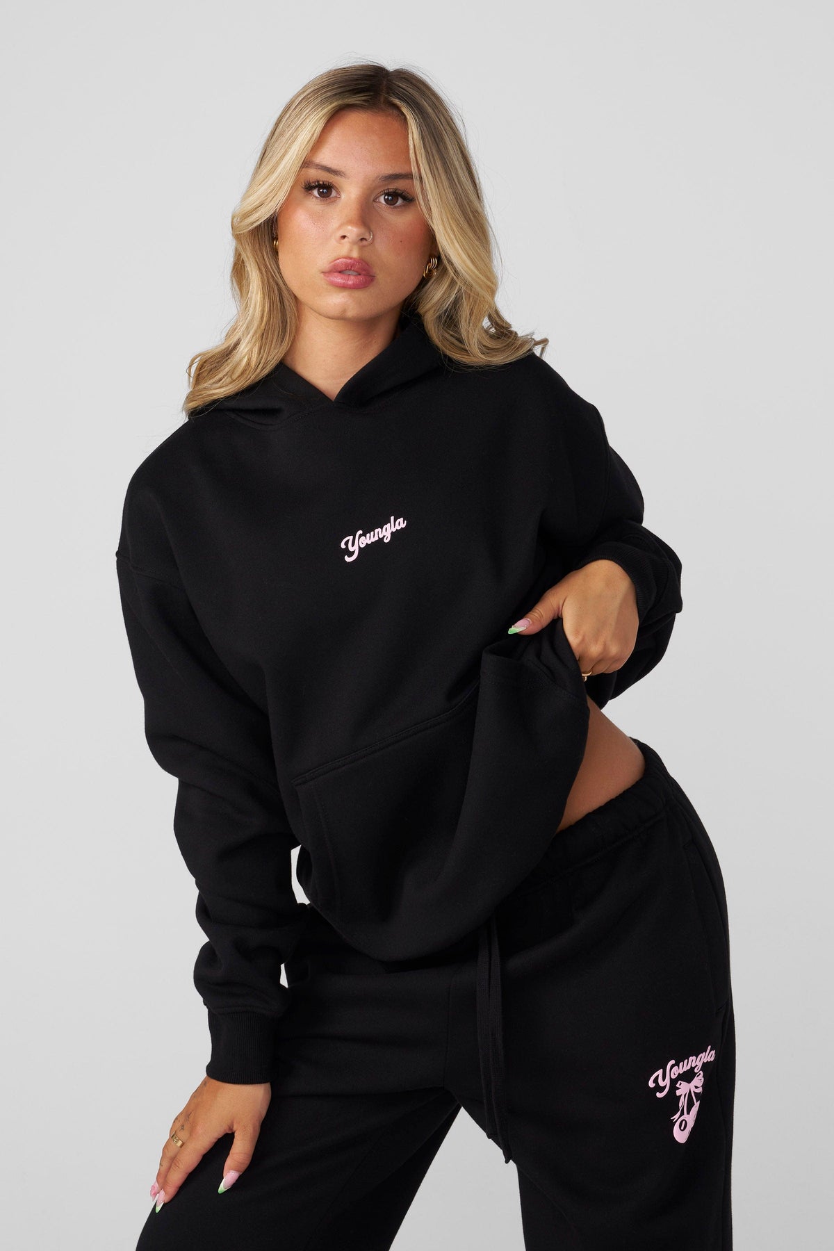 W566 Soft Serve Hoodie- Oversized fluffy fleece hoodie with a fun puff print, offering ultra-soft comfort and cozy style—perfect for pairing with the W271 Puff Print Cuffed Jogger in Black